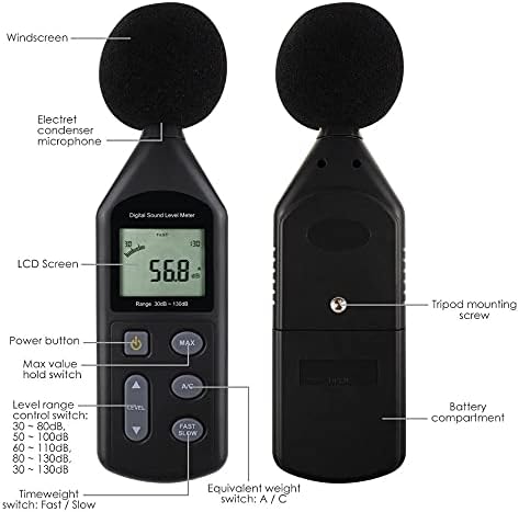 WSSBK Digital Ruído Medidor Testador de som 30 ~ 130DBA A/C Ferramenta de ponderação de frequência Medidor de volume pré-calibrado com orifício do tripé
