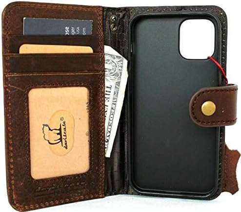 Jafo Genuine Soft Dark Leather Case para iPhone 12 Mini Livro da carteira Capa de luxo Cartões de crédito Slots Botão de fechamento Strap Id Vintage Janela artesanal de carregamento sem fio marrom