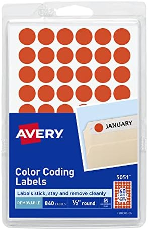 Rótulos removíveis de codificação de cores Avery, adesivos redondos de 1/2 polegada, coral de neon, não imprimível,