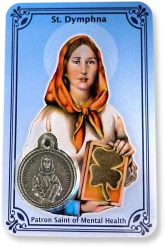 Cartão de Oração Católico de St Dymphna com Medalha de São Dymphna - Tamanho da carteira Devocional