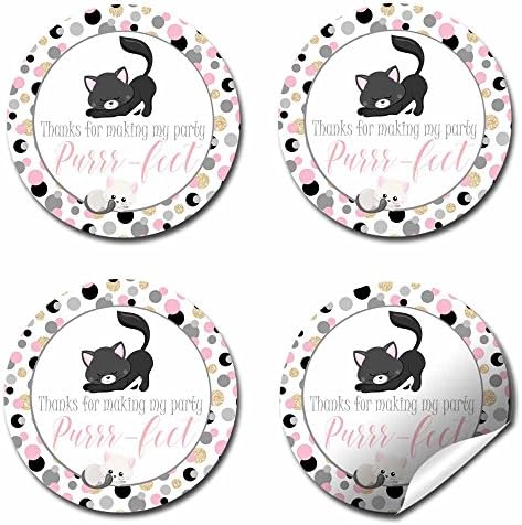 Polka Polka Kitty Cat, agradecimento, etiquetas de adesivos de festa de aniversário, adesivos de círculo