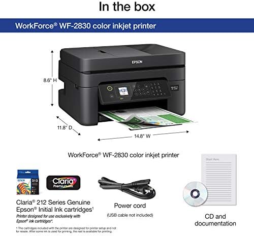Epson Workforce WF-2930 Printina All-In-One sem fio com varredura, cópia, fax, alimentador de documentos automáticos,