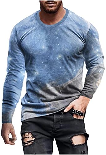 Camisas frias de manga longa masculinas, linha colorida 3D de impressão redonda de camiseta de camiseta do pescoço, camisetas na moda do bloco colorido