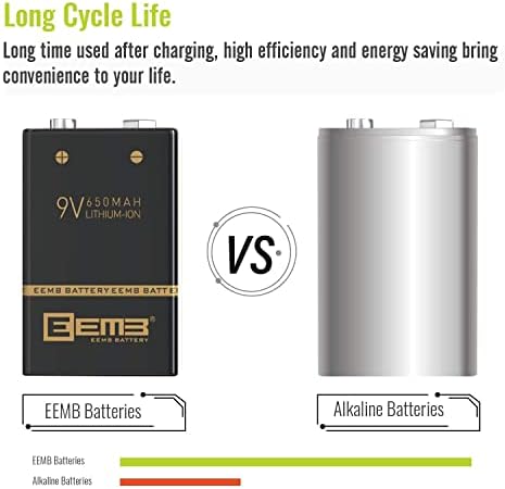 EEMB 9 volts Baterias recarregáveis ​​650mAh com carregador de bateria de 9V para detector de alarme de