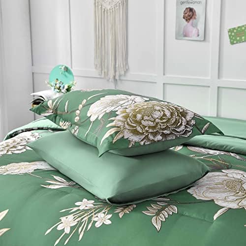 Conjunto de edredom floral verde, cama de 7 peças em uma bolsa queen size consolador conjunto de