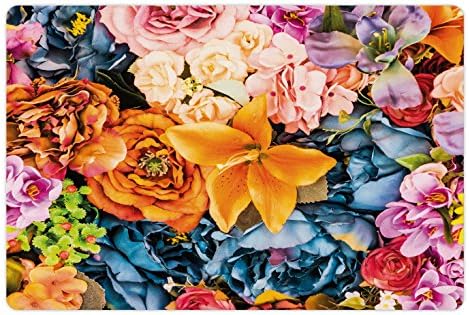 Lunarable Floral Pet tapete para comida e água, grupo de flores de estilo vintage florescem tema natural