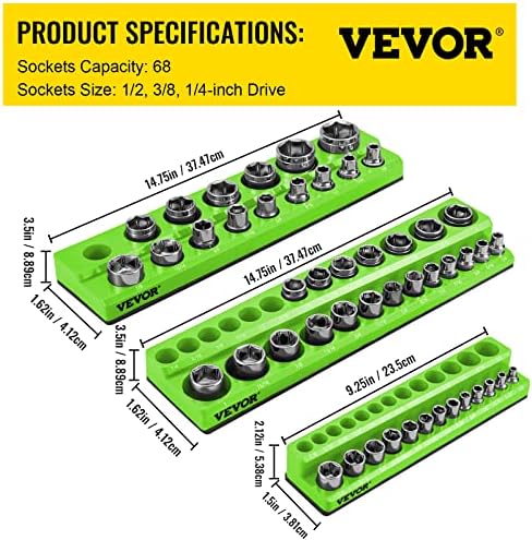 Organizadores de soquete magnéticos do VEVOR 3-PACK, 1/2 polegada, 3/8 polegadas, portador magnético de 1/4 de polegada, segure 68 soquetes, organizador de caixa de ferramentas verde para armazenamento de soquetes