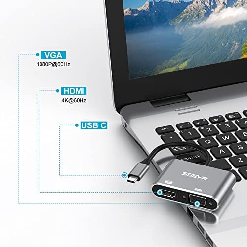 Sgeyr USB C para HDMI VGA Adaptador, Mini USB Tipo C para Dual VGA 4K HDMI Splitter Converter, compatível com MacBook