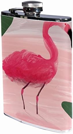 Balão de licor fofo para mulheres, balão de vinho portátil de aço inoxidável para bar de bebidas e viagens, folhas tropicais de flamingo rosa