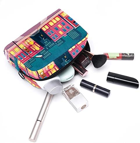 Cartoon Summer Night City Makeup Bag fofo portátil Train Case Bag de cosméticos para mulheres, Bolsa