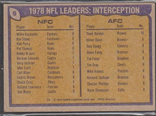 1979 Topps #5 Willie Buchanon/Ken Stone/Thom Darden Green Bay Packers/st. Louis Cardinals/Cleveland Browns 1978 Líderes de interceptação NFL Football Card NM perto de Mint