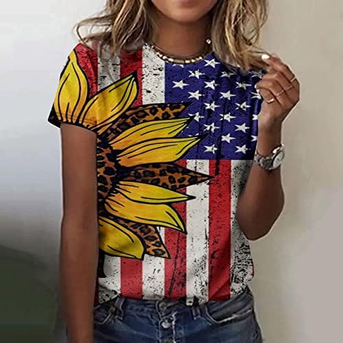Ladies American Flag Gunflower Blusa Floral Blusa curta 2023 Crew algodão Camisa de algodão para meninas