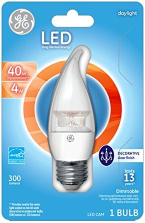 Iluminação GE 37942 LED de 4 watts, lâmpada de vela de 300 lúmen, com base média, luz do dia, 1 pacote