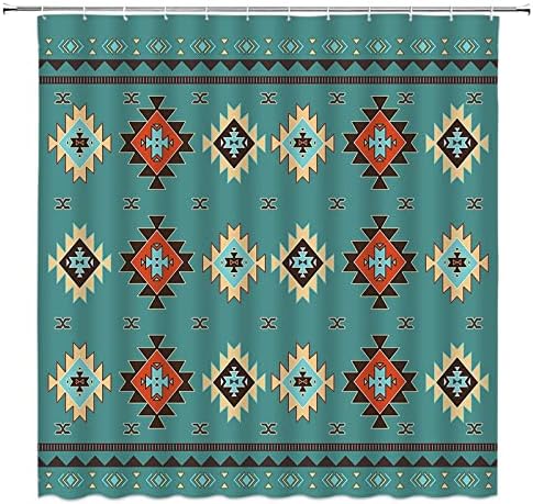 Cortina de chuveiro aztec tfggndf sudoeste navajo americano americano abstrato étnico abstrato geométrico teal azul decoração de banheiro de poliéster cortina com gancho