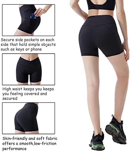 Shorts atléticos de corrida feminina, shorts de yoga de cintura transversal com 2 bolsos de treino de troca de motociclistas ativos