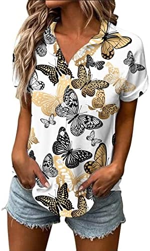 Camisas fofas de botão para mulheres para mulheres primavera Summer Summer Flor estampada de manga curta V camisa de pescoço Solid Solid