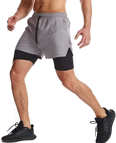 SURENOW Mens 2 em 1 shorts de corrida shorts atléticos secos rápidos com revestimento, shorts de treino com