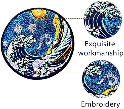 Wikineon Iron em remendo bordado, japonês Great Wave e Kanagawa Sun - Appliente para Ferré
