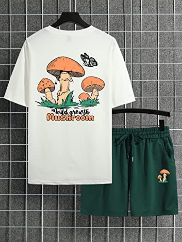 Fioxa de duas peças para homens, letra e cogumelos, camiseta e shorts de cintura de cordão