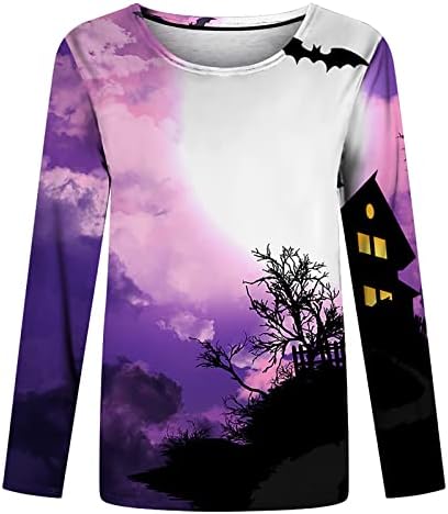 Sorto de Halloween feminino Funny Bat Pumpkin Graphic Tiz camisetas de manga comprida Pullover de pullocatomia