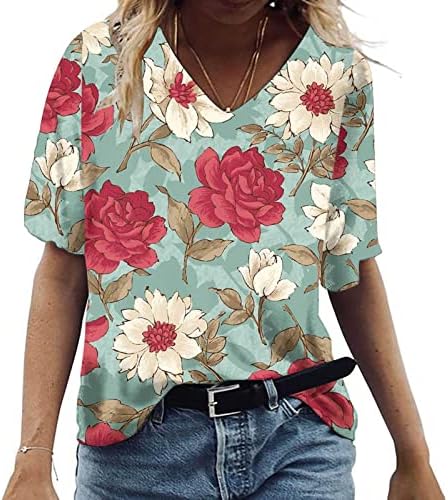 Camiseta solta para mulheres plus size floral estampa vil de pescoço de cola curta túnica túnica