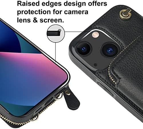 Caixa de carteira bocasal de crossbody para iPhone 13, estojo de bolsa de couro de bloqueio de RFID com suporte de cartão, capa de chinelos de bolsa de proteção com zíper pulseira de pulso para mulheres 5g 6,1 polegadas