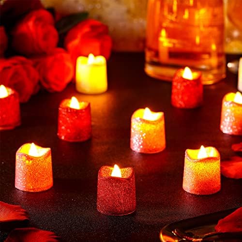 12 peças Valentines Glitter Tea Lights Weless Velas sem chamas Bateria operada sem chamas LED