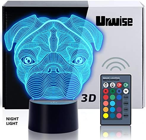 Luz da noite 3D da URILE, LUBRO DE PUG 3D NOITE, 16 CORA MUDANÇA DE COLOR LIGHT com controle remoto Animal Toys