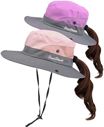 Garotas infantis Proteção UV Hat Sun Wide Brim Bucket-Cap com encaixe de rabo de cavalo por 3-6 anos
