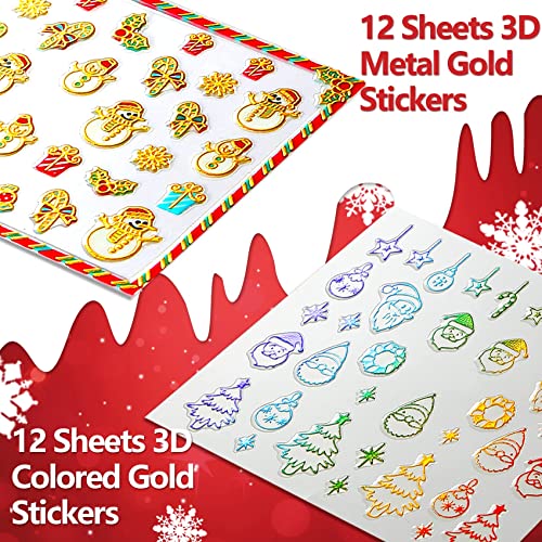 Tailaimei 24 lençóis adesivos de unhas de Natal douradas, 3D Metal Gold & Colored Gold Design Decalques