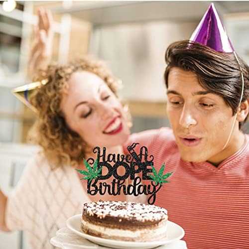 Tenha um topper de bolo de aniversário dope, 420 aniversário, topper de bolo de folhas de maconha, aniversário temático de maconha, aniversário de 21 anos, festa de aniversário da droga - Black & Green Glitter