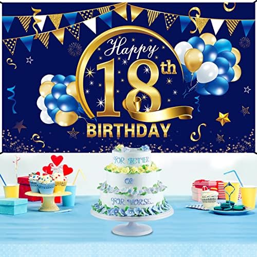 Feliz 18th Birthday Banner Decorações para homens - Blue Gold 18 Birthday Bordand Party Supplies -