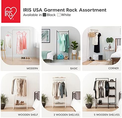 Rack de roupas da Iris USA com 1 prateleira de madeira, prateleiras de roupas independentes para pendurar roupas, fáceis de montar, vestes resistentes de metal em pé e rack de acessórios, suporte de planta, branco