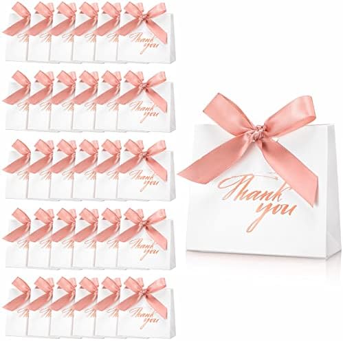 32 Pacote pequeno agradecimento sacolas de presente com fita de fita de ouro rosa Festa de casamento Bags Mini Paper Branco Treat Box You Box para Casamento Chuveiro de Casamento Birthday Baby Churche, 4,5 x 1,8 x 3,9 polegadas