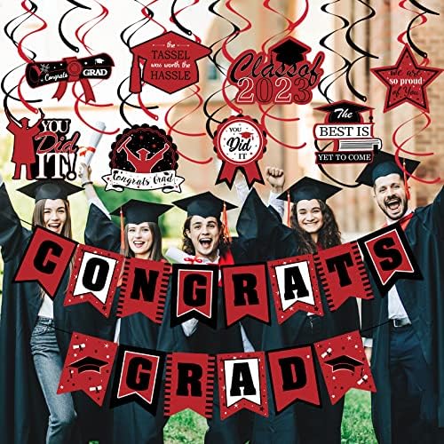 Banner de graduação em Red e Black Parabéns e 2023 Graduação pendurada em redemoinhos, parabéns