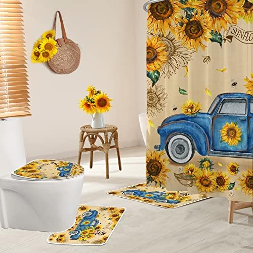 Cortina de chuveiro de girassol Conjunto e tapetes, decoração do banheiro de girassol 4 peças, fazenda