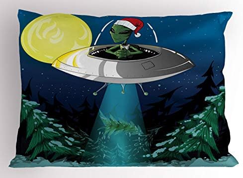 Ambesonne Scerter Space Pillow Sham, Hat Alien Papai Noel seqüestra uma árvore com ornamentos estampas de aeronaves