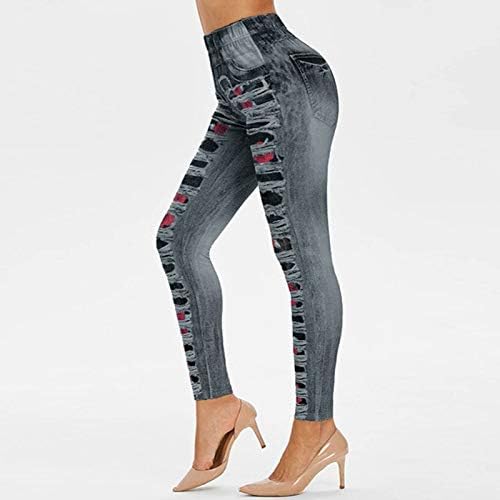 Leggings esticadas para mulheres jeans pareçando calças gráficas ultra macias do joelho elevador