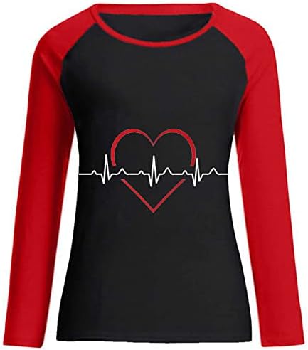Camisetas de manga longa do Dia dos Namorados para mulheres Moda ECG Heart Graphic Tops Tops Casual Color Block