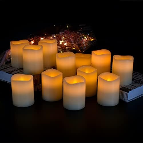 Velas de velas sem chamas OFUNIC Velas operadas por bateria, conjunto de 12 velas operadas por bateria, velas de cera real de marfim de pilar com remoto e temporizador para decoração doméstica