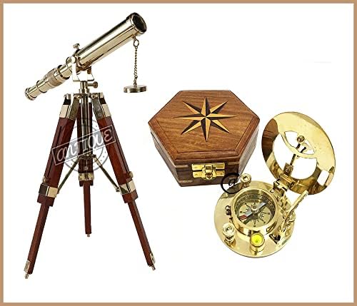 Vibras antigas Sailor Marine Brass Telescópio em suporte de tripé e bússola de sol vintage náutica