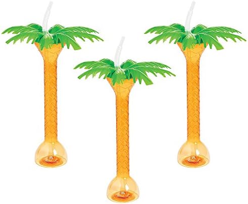 Palm Tree Plastic Yard Glasses com palhas e tampa - conjunto de 6, cada um detém 16 onças - suprimentos