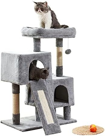Torre de gato da árvore de gatos, 34,4 polegadas de gato com tábua de arranhão, 2 condomínios de luxo, casa da árvore de gatos, resistente e fácil de montar, para gatinho, animal de estimação, atividade interna relaxando