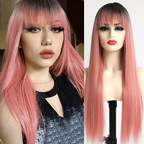 Qd-tize ombre cor rosa perucas retas longas e sedosas com franja perucas sintéticas para mulheres perucas