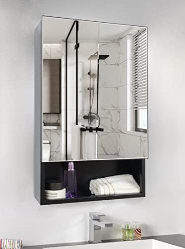 Hesonth Farmhouse Black Metal Metal Montou o banheiro montado Cabinete de remédios com espelho Retângulo