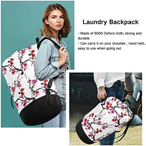 Cherry Blossoms Laundry Bolsa de lavanderia pesada Mochila com alças e alças de ombro Viagem Bolsa de roupa
