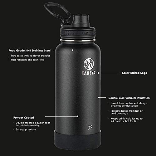 Takeya Actives Isolled Stainless Steel Water Bottle com tampa de bico, 24 oz, Onyx & Actives Straw tampa para garrafa de água isolada, boca larga, Onyx
