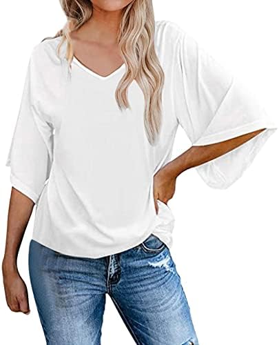 Yubnlvae camisetas de verão de pescoço de colméia longa de manga longa de manga longa e retrô