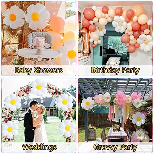 12 PCs Daisy Balloons, 3 tamanhos Balões de flores brancas para decorações de aniversário da margarida, chá de bebê,