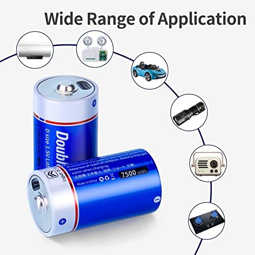 DoublePow D Baterias de lítio recarregável 7500mWh D Bateria de células, 1,5V D células de íons de lítio com porta
